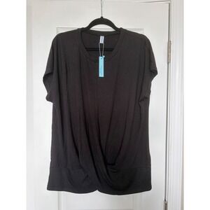YSYOKOW Womens Black Twist Front Short Sleeve Crew Neck Rayon Blend Top XL